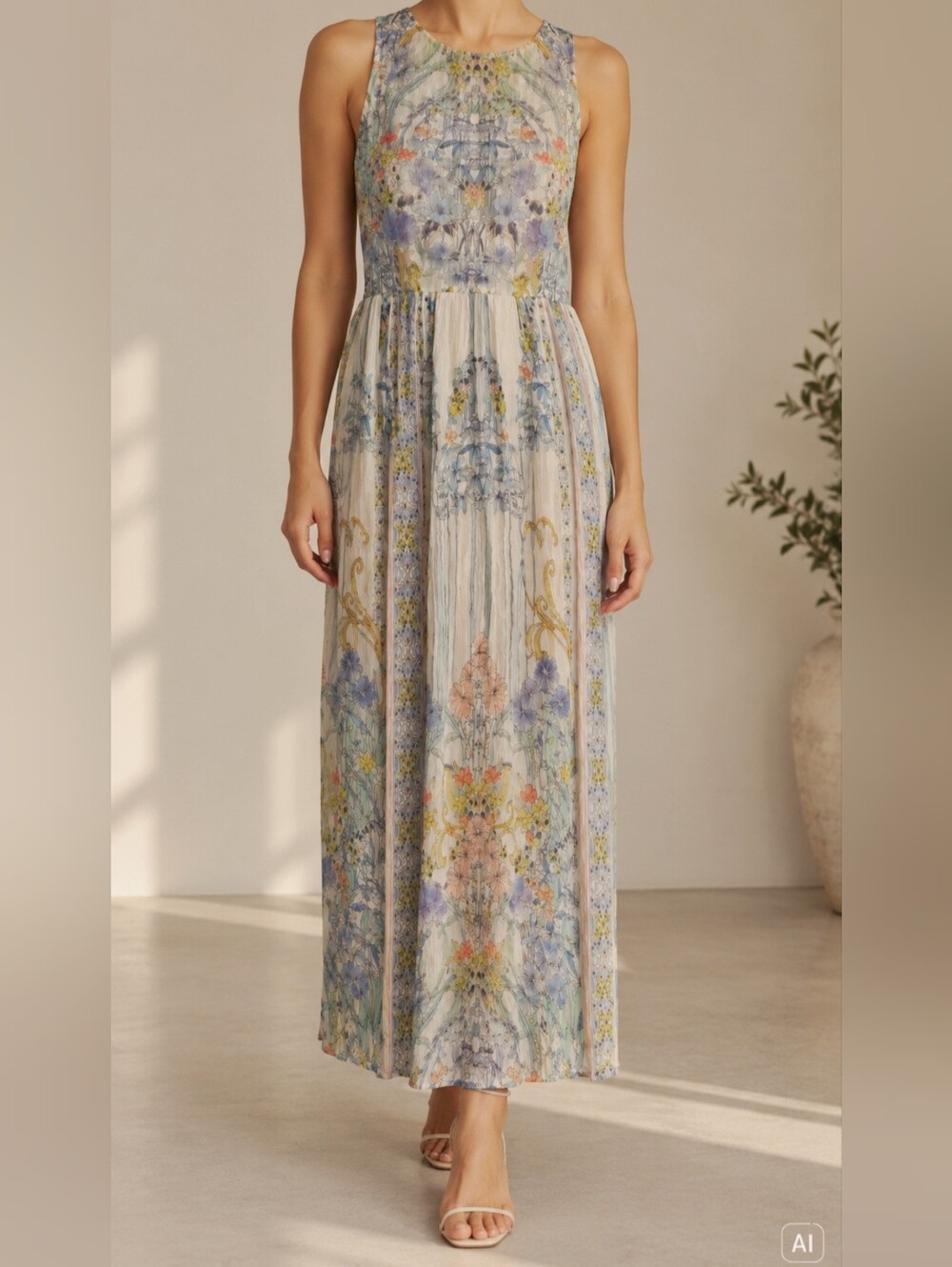 Meadow Rue Sleeveless Floral Maxi Dress in Pastel Blue, Cream and Pink